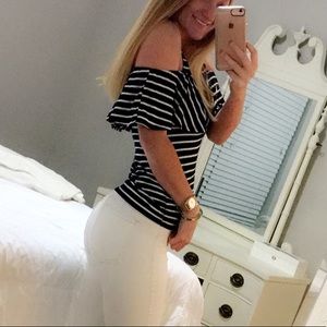 Alya (Fransesca’s) navy and white cold shoulder